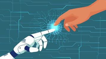 Creation of artificial intelligence. Humans and robots cooperation, AI give hand. Bionic arm with touch gesture illustration vector