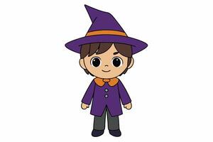 Charming illustration of a cute boy in a witch costume. Perfect for Halloween-themed projects and playful designs. Ideal for adding a whimsical touch to your creative work vector