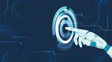 Artificial intelligence touching digital interface. Bionic hand pointing gesture to futuristic tech ui. Cyborg or AI vector