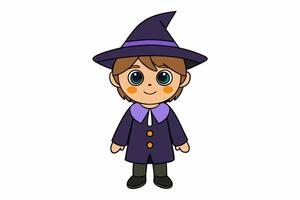 Charming illustration of a cute boy in a witch costume. Perfect for Halloween-themed projects and playful designs. Ideal for adding a whimsical touch to your creative work vector
