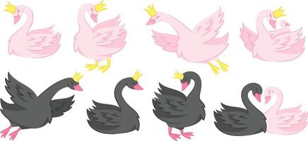 Cute swan. Fairytale princess and prince swans, elegant pair of birds with child cartoon character set vector