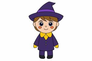 Charming illustration of a cute boy in a witch costume. Perfect for Halloween-themed projects and playful designs. Ideal for adding a whimsical touch to your creative work vector