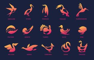 Negative space bird icons. Swan emblem, kiwi silhouette and flying swallow. Different birds symbols set vector
