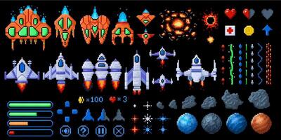 Pixel art space game elements. 8bit starships, asteroids and planets. Galaxy wars arcade assets set vector