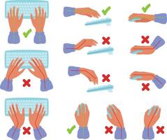 Keyboard and mouse hands posture. Correct and incorrect hand position for text typyng, wrist and arm positions for computer users illustration set vector