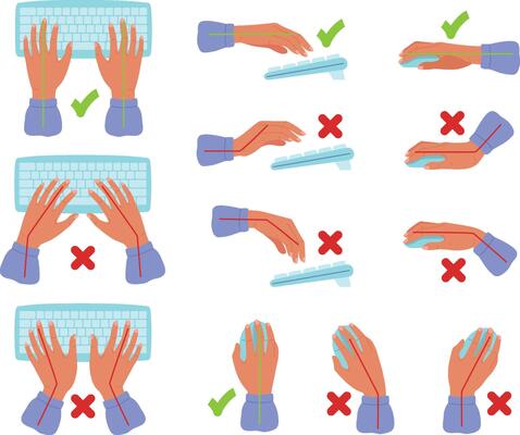 Keyboard and mouse hands posture. Correct and incorrect hand position for text typyng, wrist and arm positions for computer users illustration set