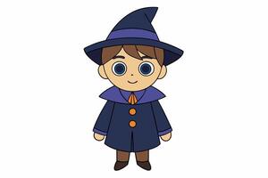 Charming illustration of a cute boy in a witch costume. Perfect for Halloween-themed projects and playful designs. Ideal for adding a whimsical touch to your creative work vector