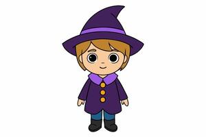 Charming illustration of a cute boy in a witch costume. Perfect for Halloween-themed projects and playful designs. Ideal for adding a whimsical touch to your creative work vector
