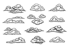 Sketch clouds. Hand drawn pencil cloudy sky, retro cloud shape engraving and overcast weather elements isolated Illustration set vector