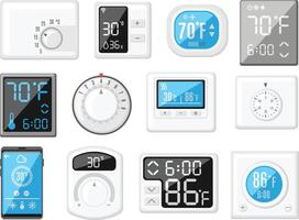 Cartoon thermostat. Smart home heating and cooling controller, thermometer with rotary knob and buttons. House climate control set vector
