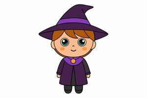 Charming illustration of a cute boy in a witch costume. Perfect for Halloween-themed projects and playful designs. Ideal for adding a whimsical touch to your creative work vector