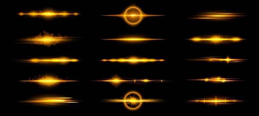 Yellow lens flares. Horizontal light beam, golden glow streaks and warm bright rays glare overlay set