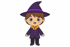 Charming illustration of a cute boy in a witch costume. Perfect for Halloween-themed projects and playful designs. Ideal for adding a whimsical touch to your creative work vector