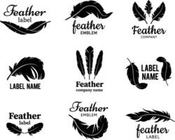 Feather emblem. Soft plume label, bird wing feathers silhouette with text template and law company badge set vector