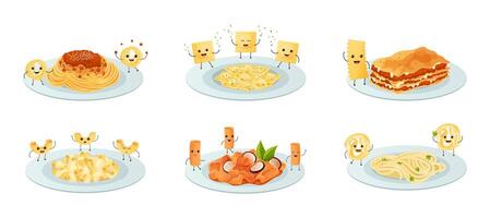 Funny pasta on plate. Happy smiling ravioli characters, lasagna on dish and funny noodle products Illustration set vector