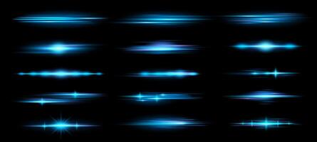 Horizontal lens flares. Blue horizontal light rays, luminous lines glow effect and anamorphic flare overlay set vector