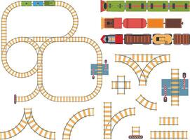 Top view railways. Tracks construction with toy trains above. Circle and line rails with trains above, railway barrier aerial view set vector