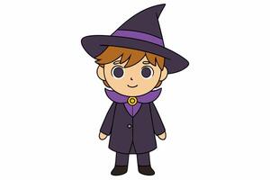 Charming illustration of a cute boy in a witch costume. Perfect for Halloween-themed projects and playful designs. Ideal for adding a whimsical touch to your creative work vector