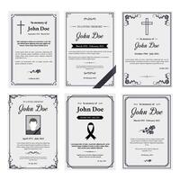 Condolence obituary card layout. In loving memory of, funerals invitation cover with black ribbon corner and grief sheet set vector
