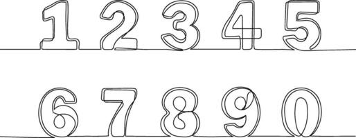 Continuous one line numbers. Hand drawn counting symbols, outline scribble number or sketch digit set vector