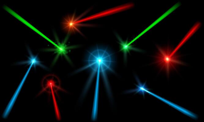 Laser beams. Ray of neon lights, concert light trails with lens flares and halo glow effect. Energy line beam overlays set