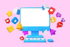 Social media computer screen mockup. Monitor, pc keyboard and mouse with 3D likes and messages icons Illustration vector