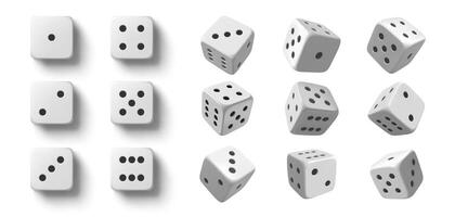 Rolling dice. White roll cubes for gamble games, top view dice sides and falling 3D angles lucky craps realistic objects set vector