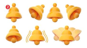 Notification bells 3D icons. Yellow bell with notifications counter, ring sound and different angles Illustration set vector