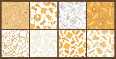 Italian pasta shapes patterns. Spaghetti, ravioli and farfalle backdrop. Macaroni, rotini and conchiglie seamless cooking backgrounds set vector