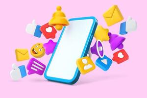 Social media smartphone mockup. Online communication, mobile device screen with 3D likes, notifications and messages icons Illustration vector