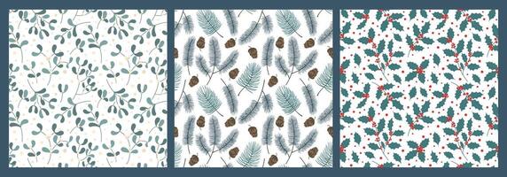 Christmas branches pattern. Holly and mistletoe branches with berries, pine with cones seamless backgrounds set vector