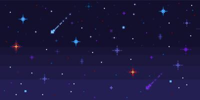Pixel art night sky. Starry space with shooting stars, 8 bit pixelated game galaxy seamless background vector