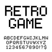 Retro game pixel art font. Pixelated text alphabet letters and numbers, one pixel typography style set vector