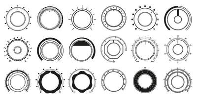Volume adjustment dials. Round level knob, rotary control dial and sound controller interface circle switch set vector