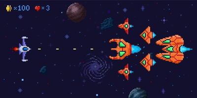 Space battle arcade game level. Pixel art galactic battle, defender spaceship and pixelated ufo enemies Illustration vector
