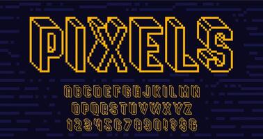 Futuristic wireframe pixel art font. Digital 8 bit alphabet, retro pixelated 3D letters and arcade game numbers set vector