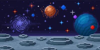Pixel art planet surface. Space arcade 8-bit videogame location, moon landscape and galaxy sky background Illustration vector