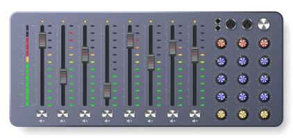 Audio mixer board. Multitrack mixing controller, sound level sliders panel with controllers and knobs illustration vector