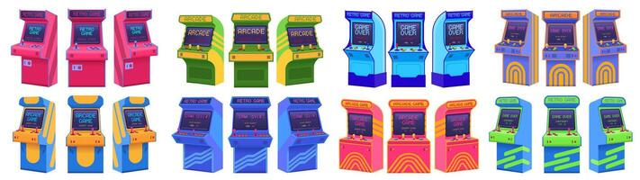 Arcade machines. Retro gaming cabinet, old game machine from different angles. Insert coin, game over and play again screens set vector