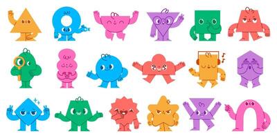 Abstract shapes characters. Geometric mascot faces with funny emotions, hands and legs. Cute circle, triangle and square shape objects set vector