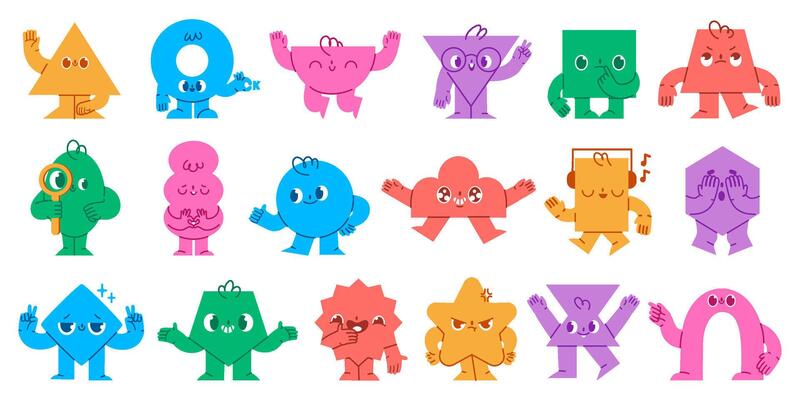 Abstract shapes characters. Geometric mascot faces with funny emotions, hands and legs. Cute circle, triangle and square shape objects set