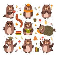 Cute owls mascots. Smart bird read book and study, owl drink coffee and sleeping under blanket cartoon set vector