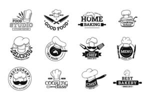 Cooking label. Food studio emblem, chef menu and cooking school class labels with cook hat set vector