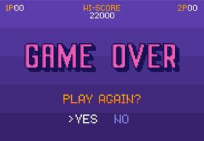 Pixel art Game Over screen. Play again question with yes no options, 8 bit gaming death pop up Illustration vector