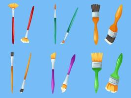 Cartoon paint brush. Painter instruments, different size brushes with paint for drawing and painting objects set vector