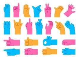 Cartoon hand gestures. Different abstract arms, color pointing hands, ok and thumb up for characters design Illustration set vector