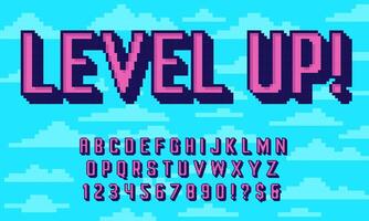 Retro pixel art 3D font. 8 bit typography alphabet, extruded letters and pixelated numbers old arcade game style set vector