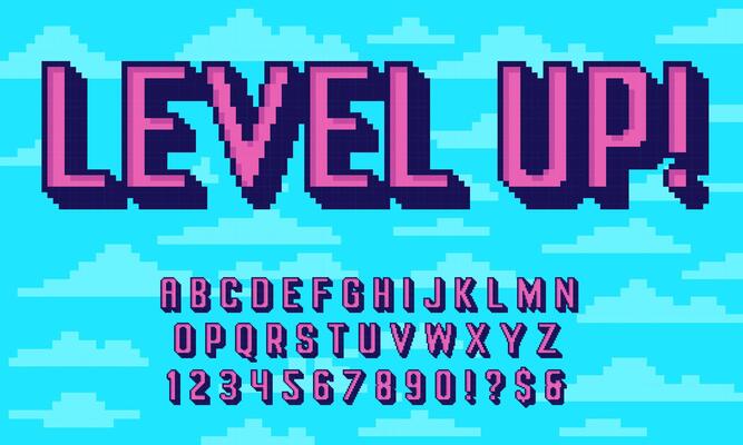 Retro pixel art 3D font. 8 bit typography alphabet, extruded letters and pixelated numbers old arcade game style set