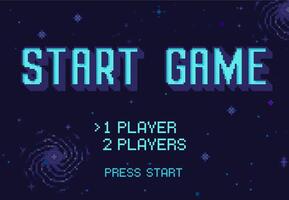 Pixel art Start Game screen. Retro 8 bit space games starting options with press start button, starry universe background Illustration vector
