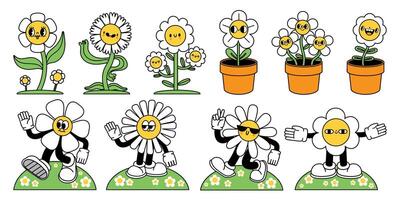 Cartoon flower mascot. Happy daisy in pot, cool spring mascot and retro flowers characters with hands and legs set vector